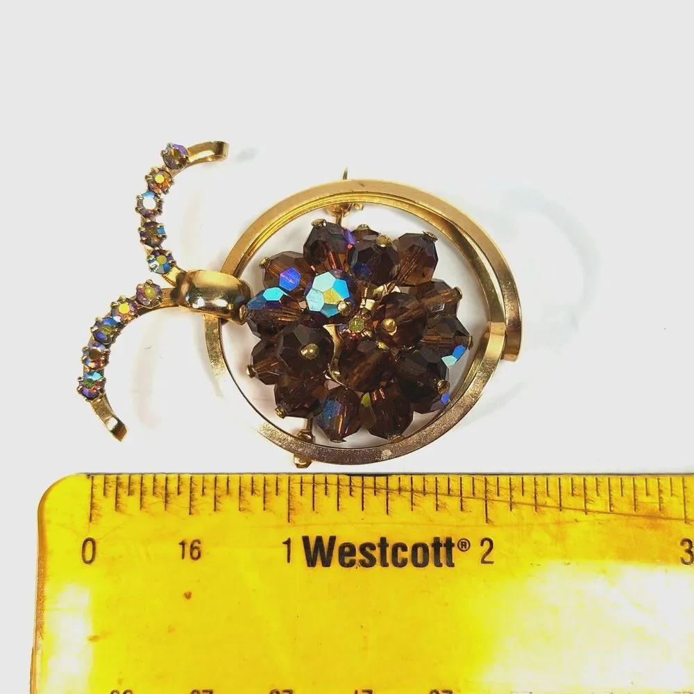 Vintage Lady Bug Brooch Pin Aurora Borealis Glass Beads Gold Tone Insect 60's
